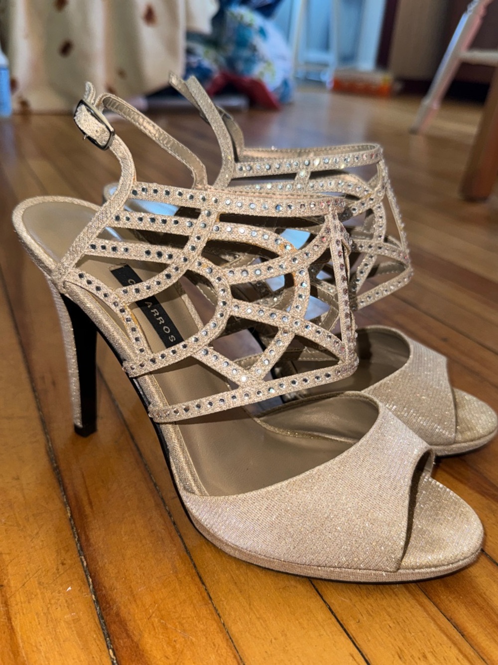 Caparros Champagne Glitter Cage Heels with Rhinestones